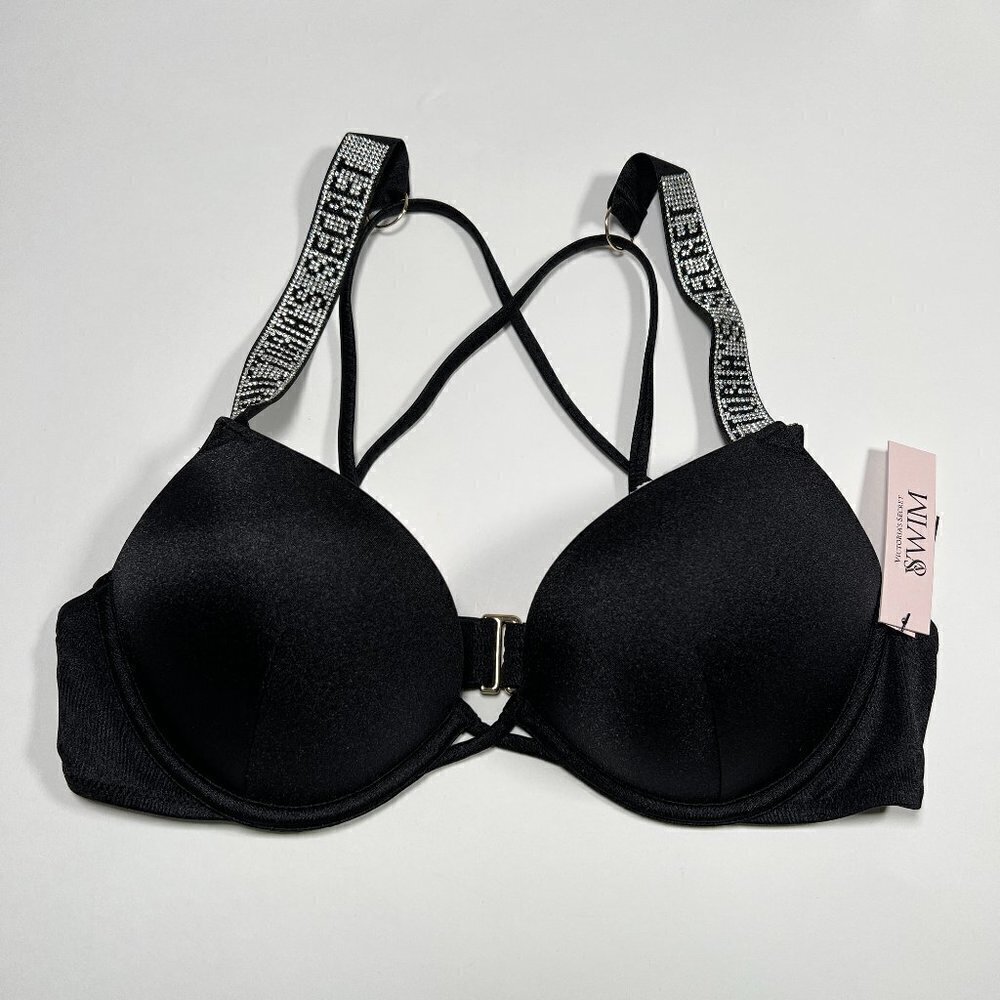 Victoria Secret 36C Bombshell Push Up Bikini Top Shine Strap LOGO Black